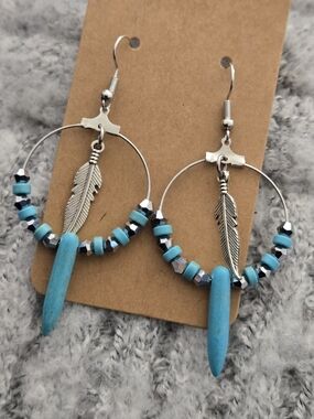 Turquoise Feather Hoop Earrings - Women's Silver & Turquoise Jewelry